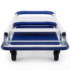 Folding platform hand truck with a blue textured surface, collapsible design, and four wheels for easy movement.