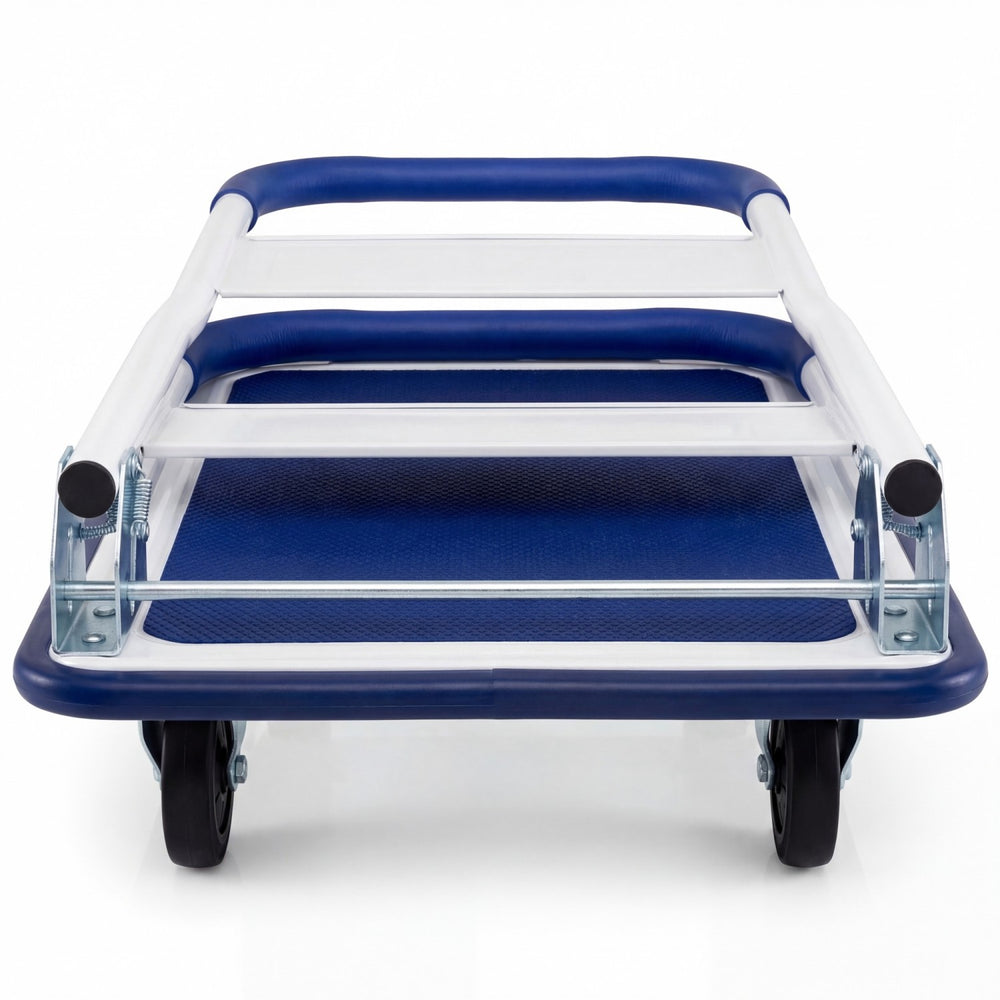 Folding platform hand truck with a blue textured surface, collapsible design, and four wheels for easy movement.