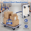 Folding platform hand truck with a robust steel frame, 330 lbs capacity, and four wheels for easy movement and storage.