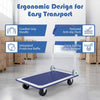 Folding platform hand truck with collapsible bed, textured anti-slip deck, and ergonomic handle for easy transport.