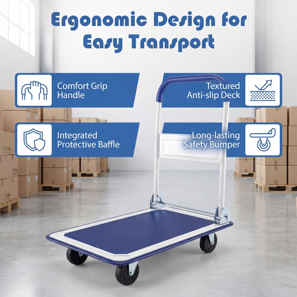 Folding platform hand truck with collapsible bed, textured anti-slip deck, and ergonomic handle for easy transport.