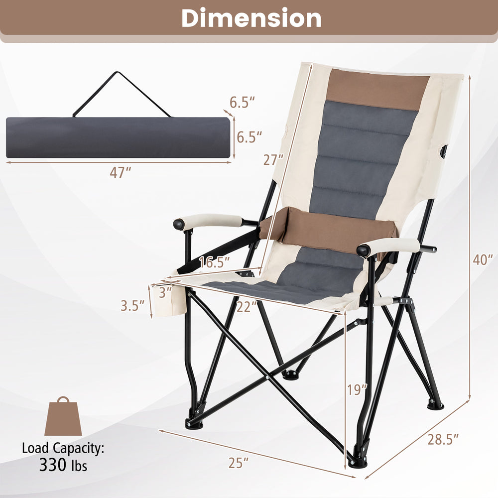 Folding camping chair with lumbar pillow, cup holder armrest, and sturdy metal frame, perfect for outdoor relaxation.