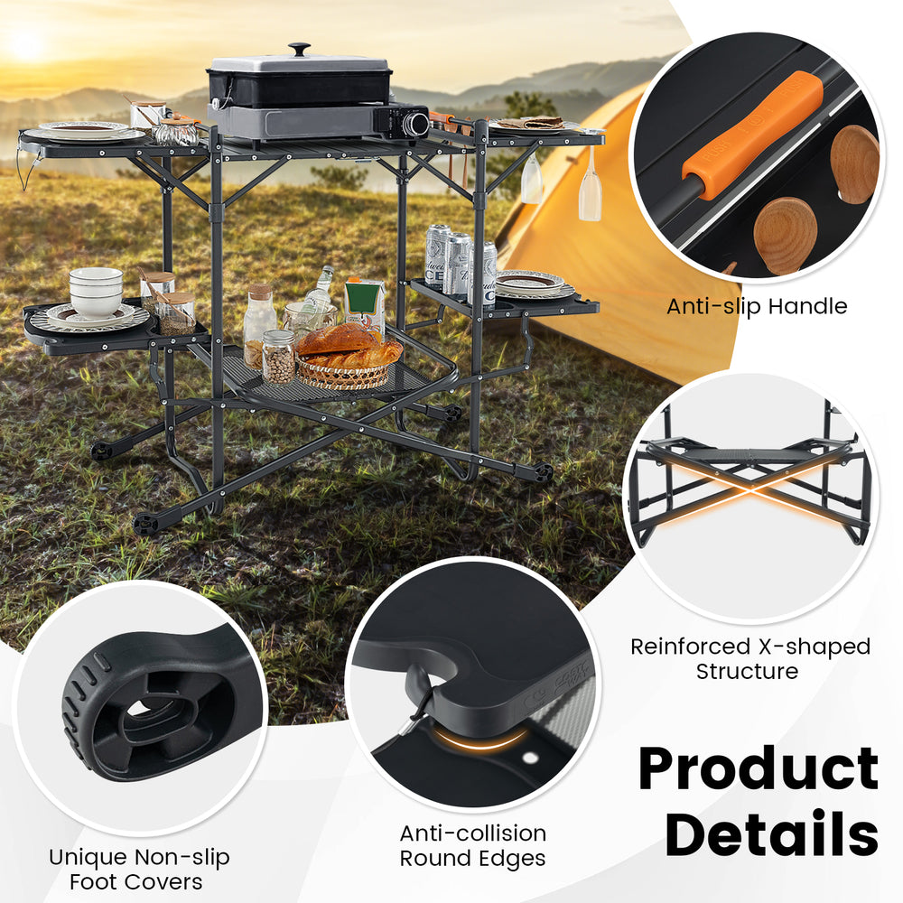 Folding portable outdoor cook station with heat-resistant aluminum tabletop, featuring side tables and anti-slip feet.