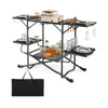 Folding portable outdoor cook station with heat-resistant aluminum tabletop, featuring multiple storage racks and hooks.