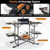 Folding portable outdoor cook station with heat-resistant aluminum tabletop, featuring 4 side tables and hooks for.