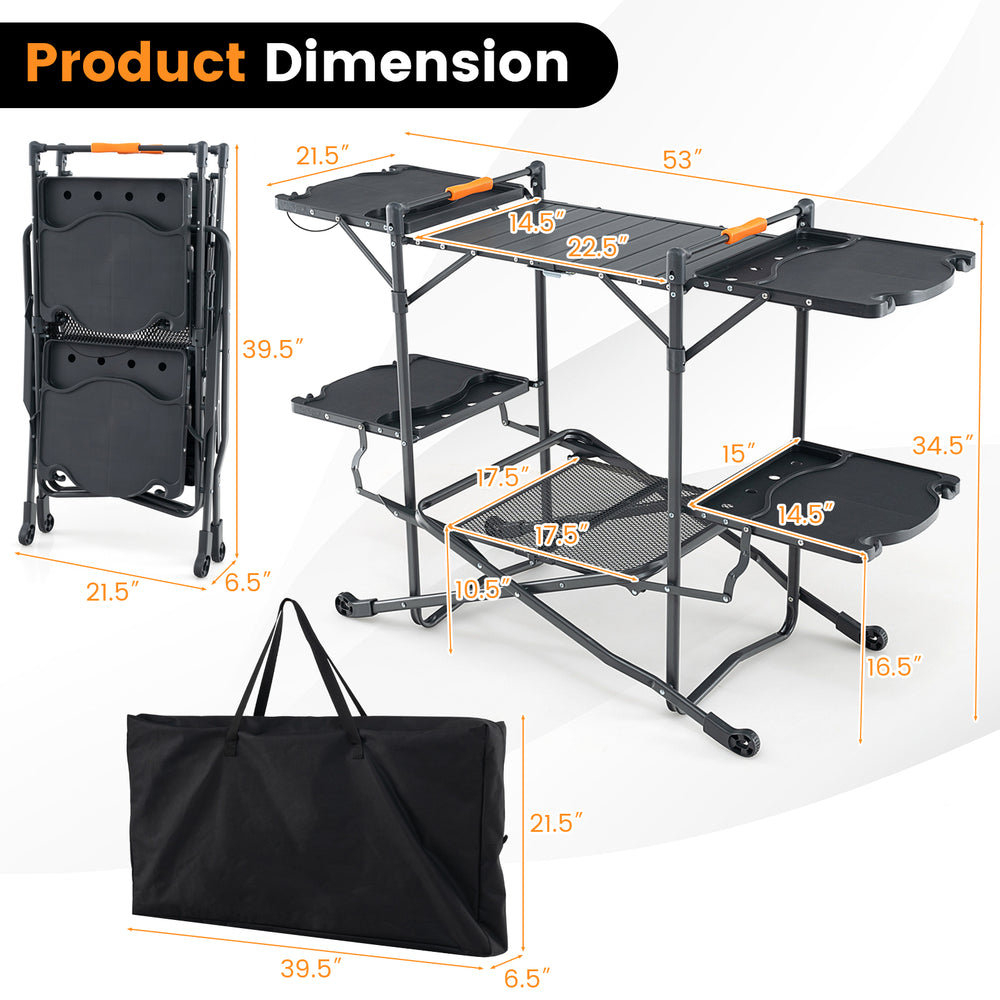 Folding portable outdoor cook station dimensions with heat-resistant aluminum tabletop and storage features for easy.