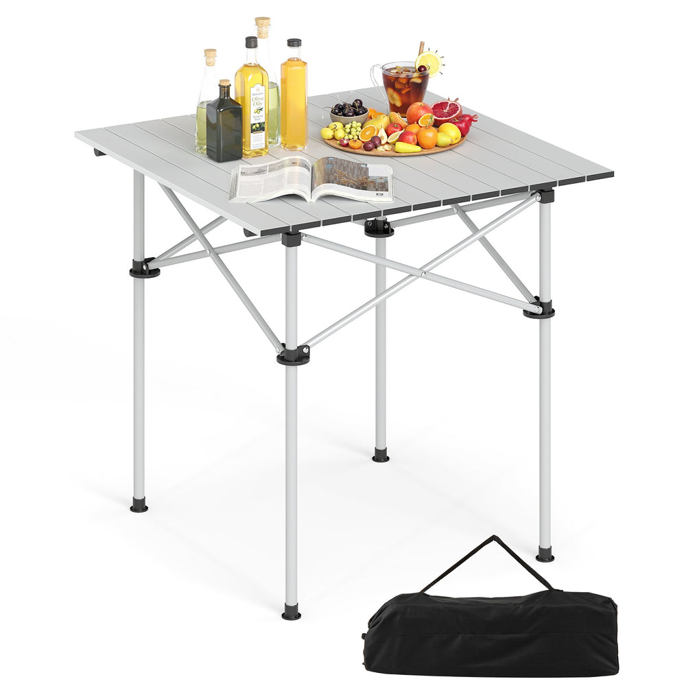 Folding roll-up camping table with aluminum tabletop and metal legs, ideal for outdoor picnics and easy storage.