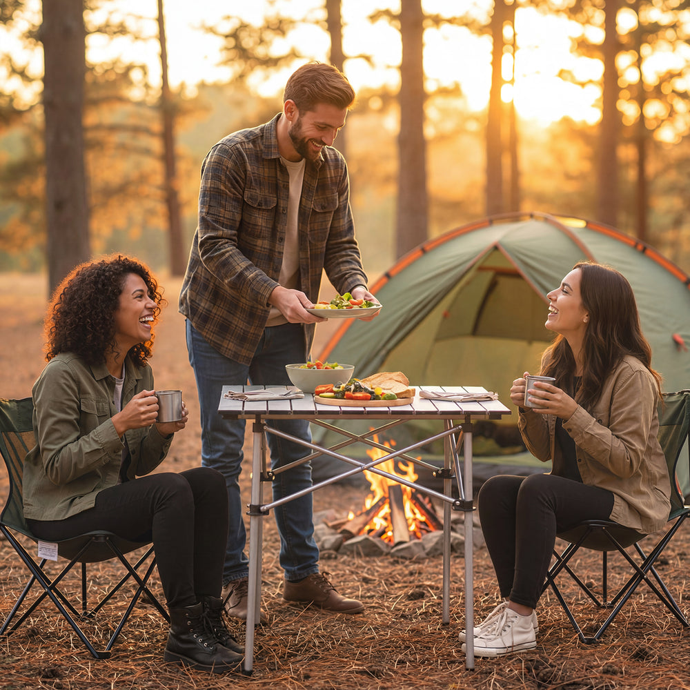 Folding roll-up camping table with metal legs set up for outdoor dining, perfect for camping and picnics.
