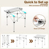 Folding roll-up camping table with aluminum top and metal legs, featuring snap locks for quick setup and stability.