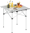 Folding roll-up camping table in silver, showcasing a lightweight design and sturdy legs, perfect for outdoor.