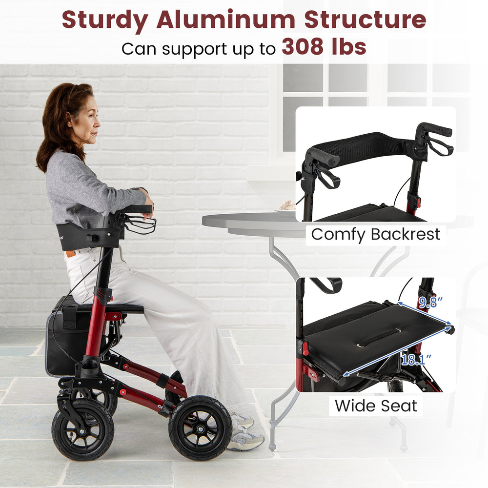 Folding rollator walker in red with comfy backrest, wide seat, and sturdy aluminum structure for seniors.