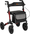 Folding rollator walker for seniors in red with seat, ergonomic grips, large storage bag, and all-terrain wheels.
