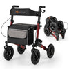Folding rollator walker for seniors in red with a seat, featuring large pneumatic tires and a convenient storage bag.