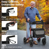 Folding rollator walker for seniors in red, highlighting enhanced braking system and convenient cane holder for safety.