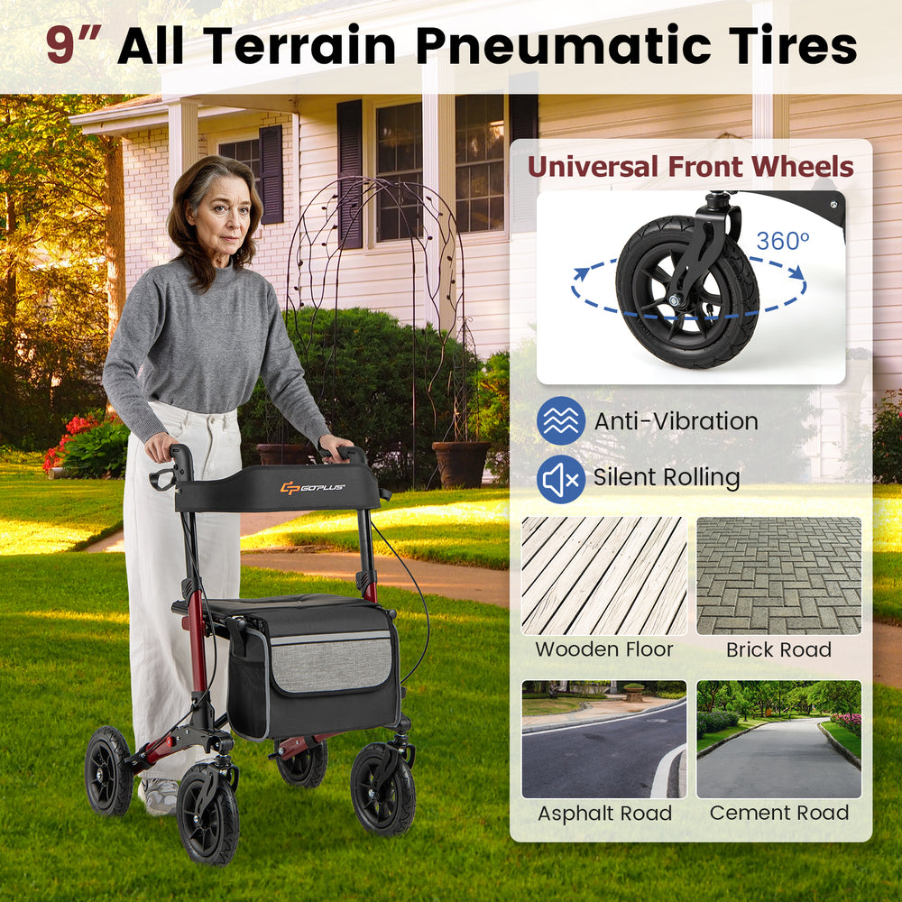 Folding rollator walker for seniors with 9" all-terrain pneumatic tires, ergonomic grips, and large storage bag.