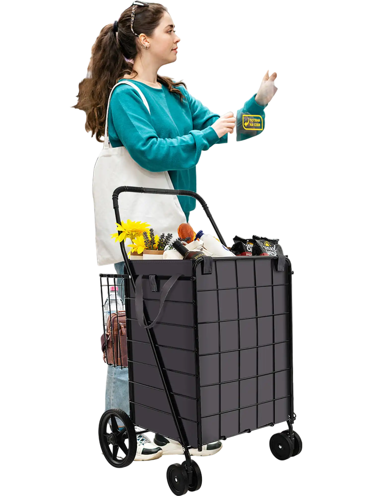 Costway Folding Rolling Shopping Cart Waterproof Liner Basket Black 21873964 New