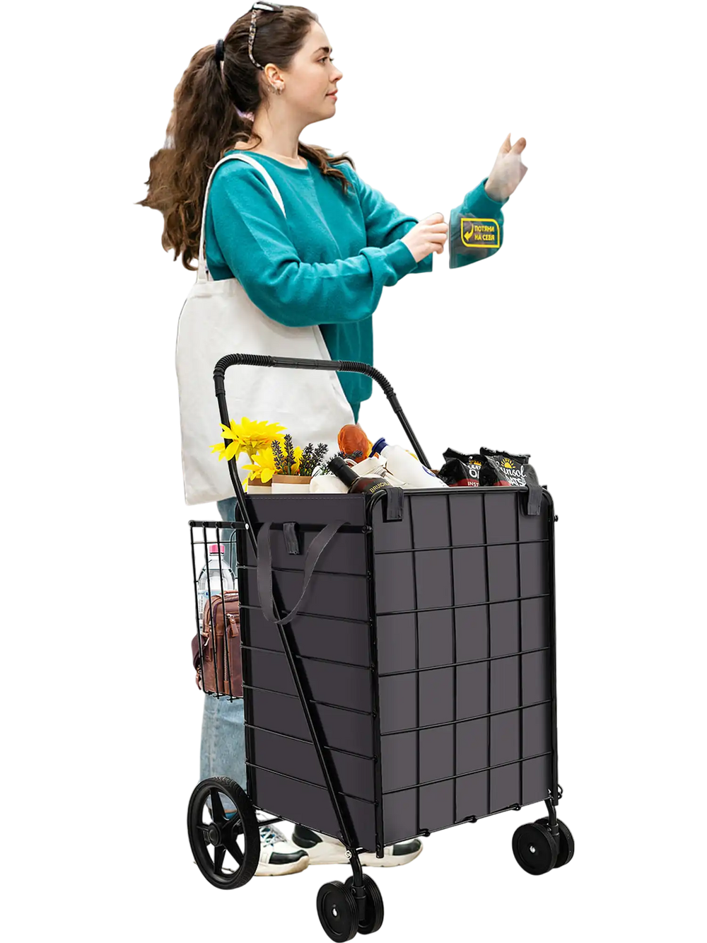 Folding rolling shopping cart in black with waterproof liner, shown in use at a supermarket for easy mobility.