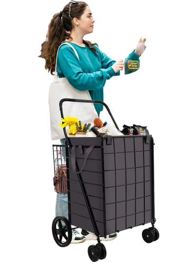 Costway Folding Rolling Shopping Cart Waterproof Liner Basket Black 21873964 New