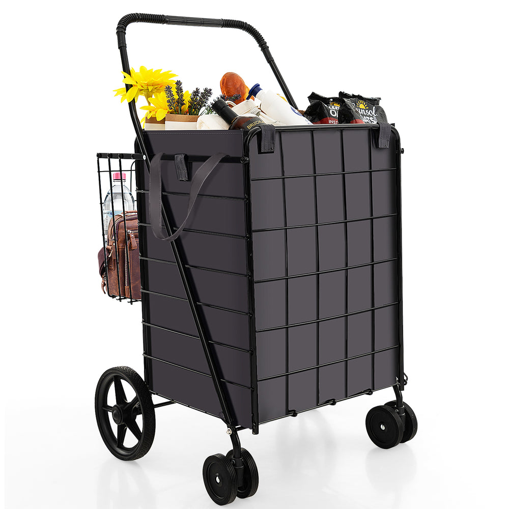 Folding rolling shopping cart in black with waterproof liner, showcasing the back storage basket for additional items.