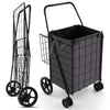 Folding rolling shopping cart in black with waterproof liner, featuring a jumbo basket and ergonomic handle for easy.