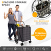 Folding rolling shopping cart in black with 32-gallon capacity and waterproof liner, ideal for groceries and laundry.