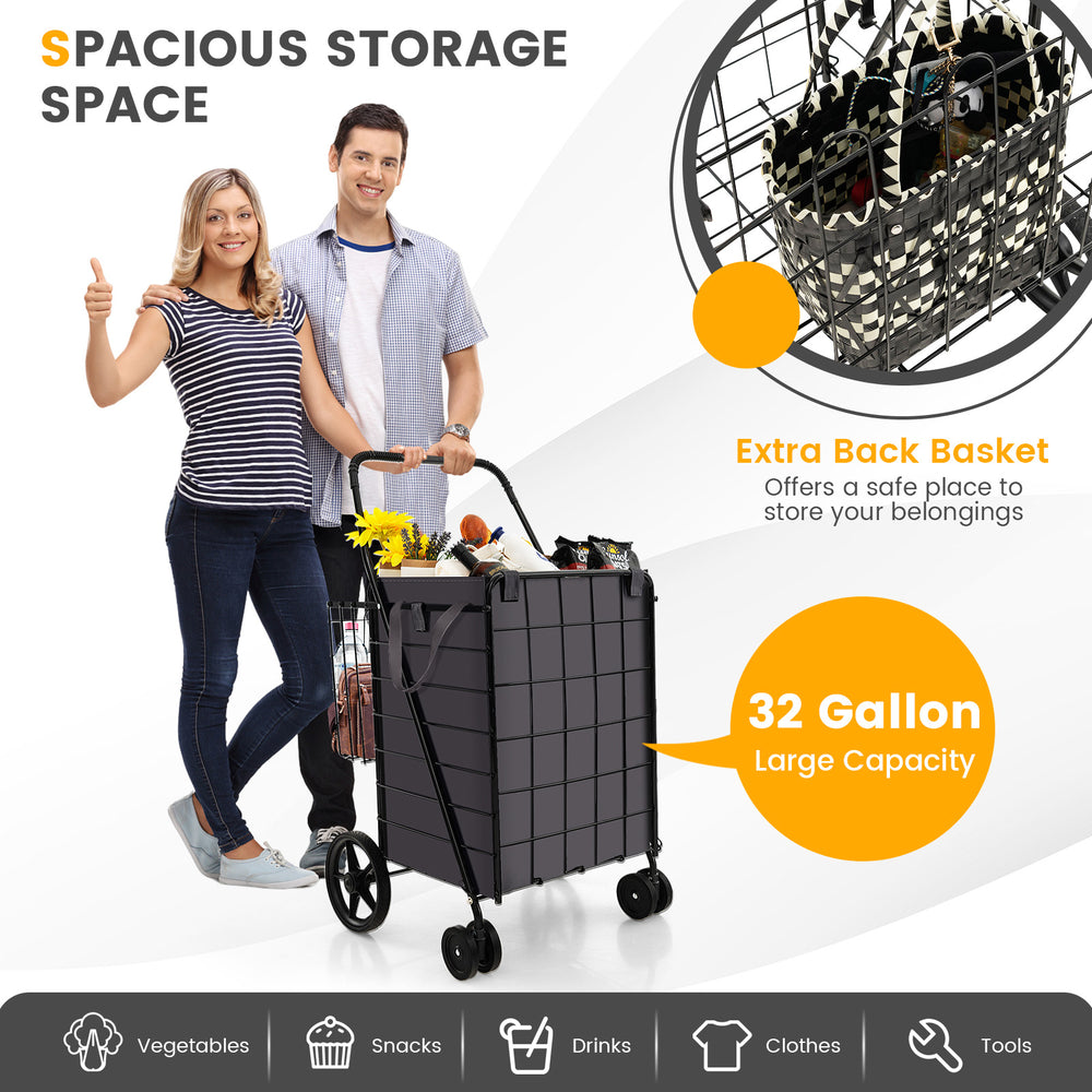 Folding rolling shopping cart in black with 32-gallon capacity and waterproof liner, ideal for groceries and laundry.