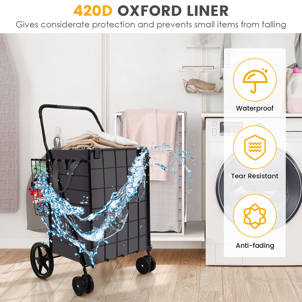 Folding rolling shopping cart with waterproof 420D oxford liner, featuring a durable metal frame and easy mobility.