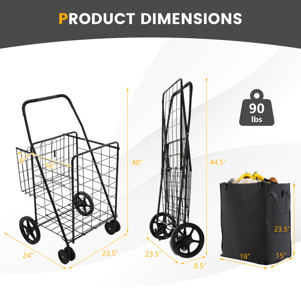 Folding rolling shopping cart with waterproof liner, featuring a heavy-duty metal frame and ample storage for groceries.