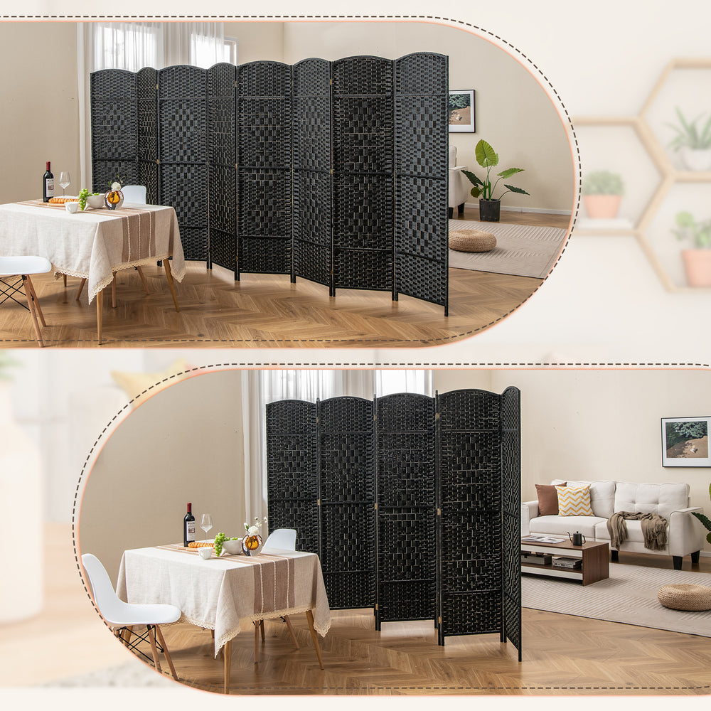 Elegant 8-panel folding room divider in black, showcasing its curved silhouette, perfect for enhancing privacy in any.