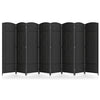 8-panel folding room divider in black with hand-woven texture and solid wood frame, ideal for living room or office use.