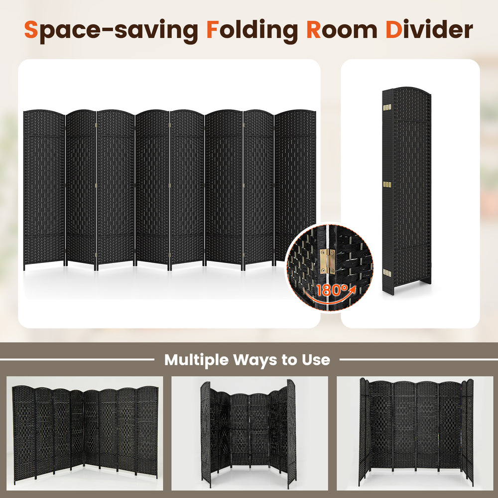 8-panel folding room divider in black with hand-woven texture, ideal for separating spaces in living rooms or offices.