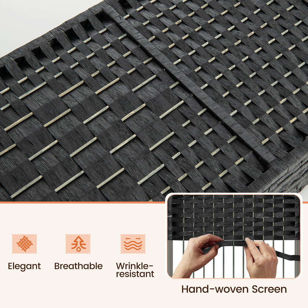 Close-up of the hand-woven texture on the 8-panel folding room divider with a solid wood frame, ideal for stylish.