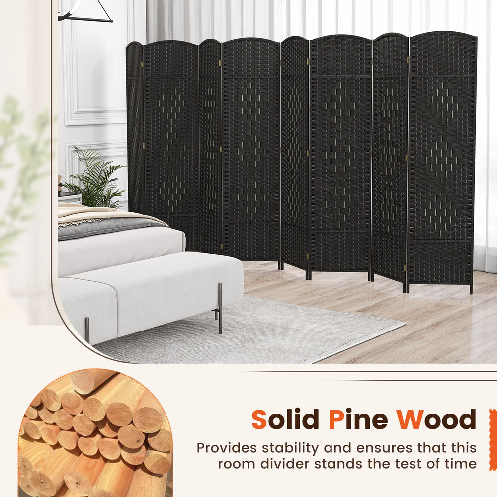 8-panel folding room divider in black with hand-woven texture, made of solid pine wood for versatile room separation.