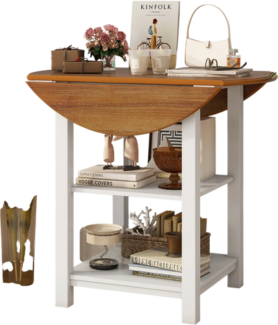 Costway Folding Round Drop Leaf Dining Table with 2 Shelves White 13297845 New