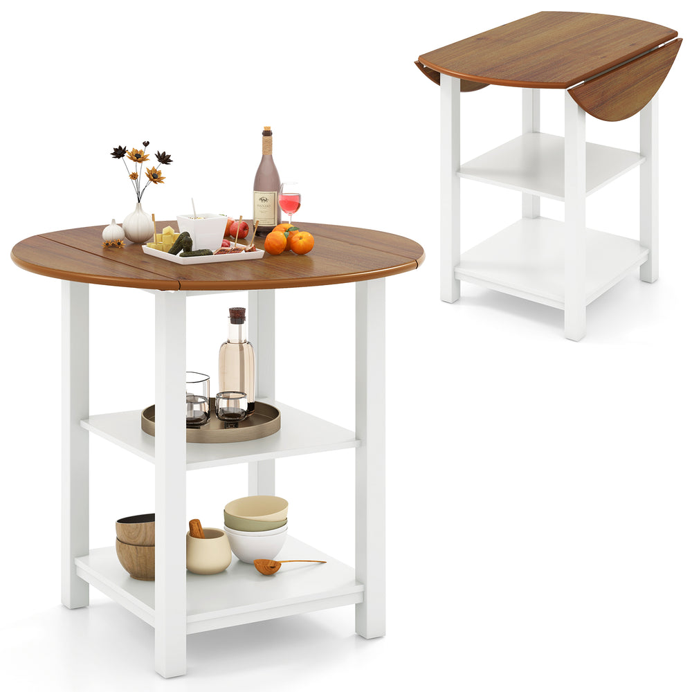 Folding round dining table with drop leaf design and two shelves, featuring acacia wood veneer for small spaces.
