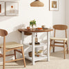 Folding round dining table with a drop leaf design, showcasing two shelves for convenient storage in compact spaces.