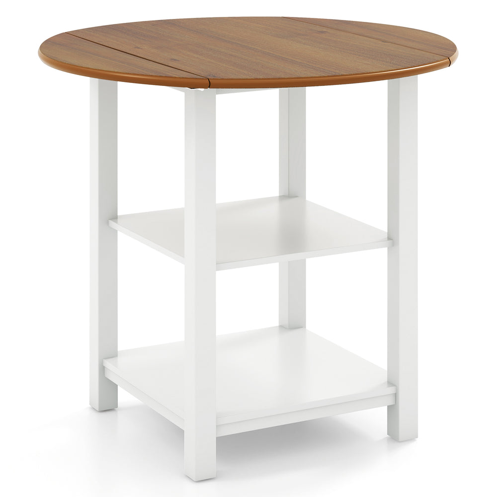 Round folding dining table with acacia wood veneer top and two white storage shelves, ideal for small spaces.
