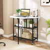 Folding round dining table with lockable wheels, faux marble top, and two shelves for compact spaces and versatile use.