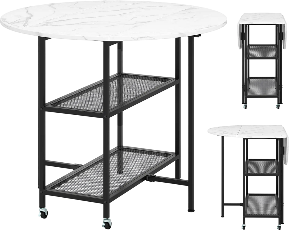 Folding round dining table with lockable wheels, faux marble top, and two mesh shelves for compact spaces.