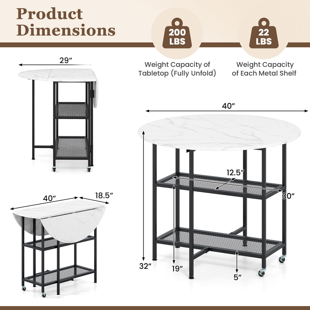 Folding round dining table with lockable wheels, white faux marble top, and two metal mesh shelves for compact spaces.