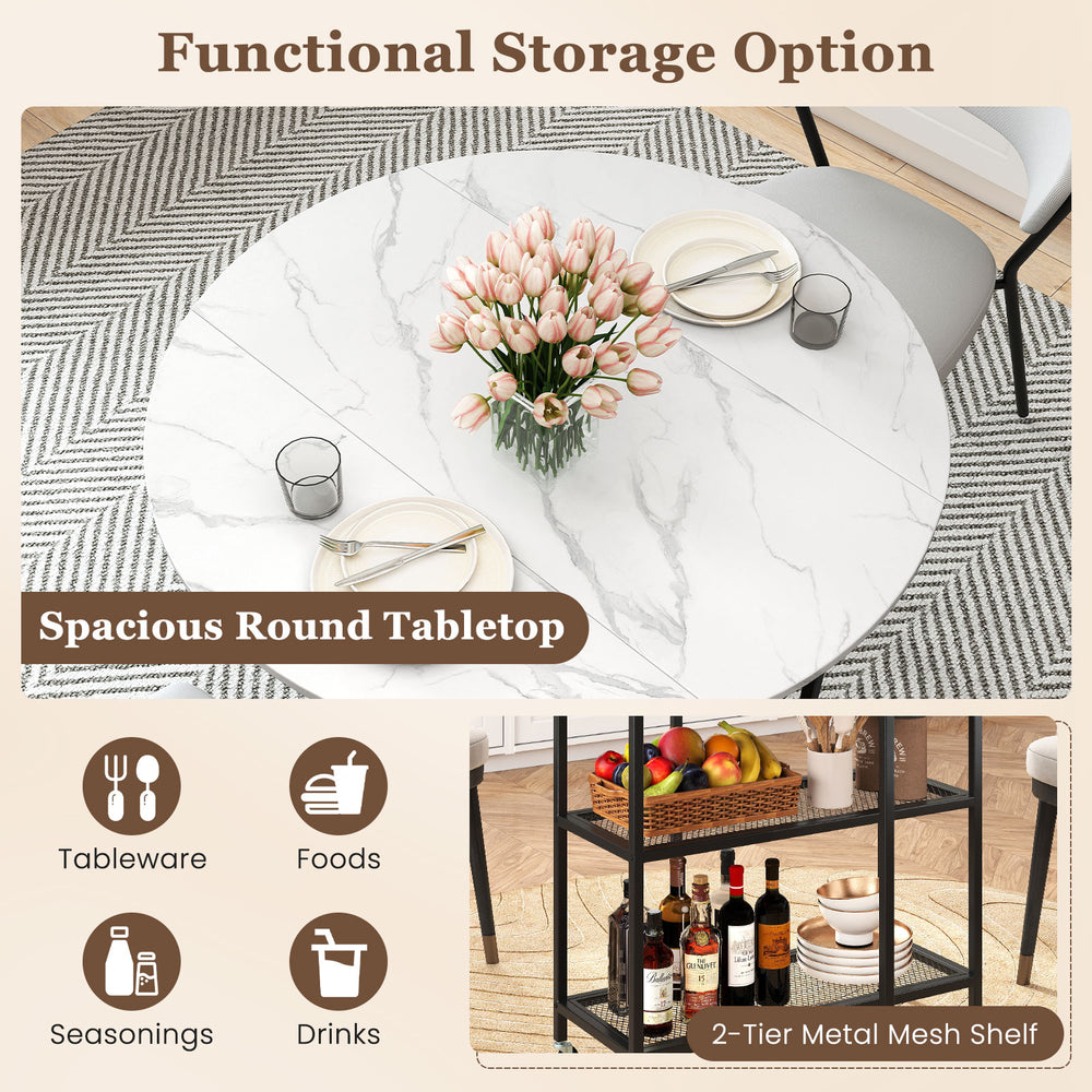 Spacious round tabletop dining table with faux marble finish and lockable wheels, ideal for compact spaces.