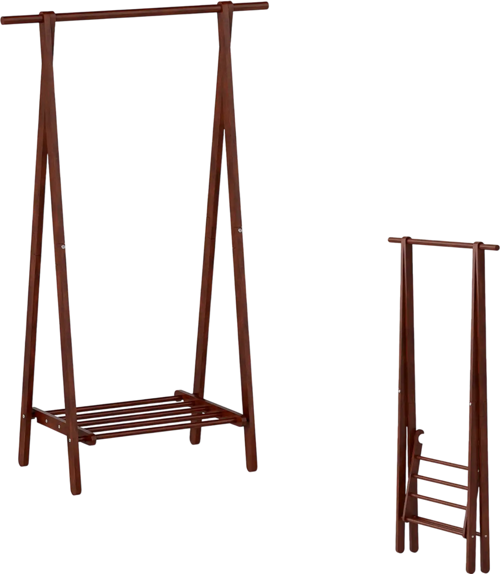 Folding rubber wood clothes hanging rack in walnut with bottom storage shelf, ideal for bedroom or hallway organization.