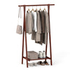 Folding rubber wood clothes hanging rack in walnut with sturdy rod and bottom storage shelf for shoes and boxes.