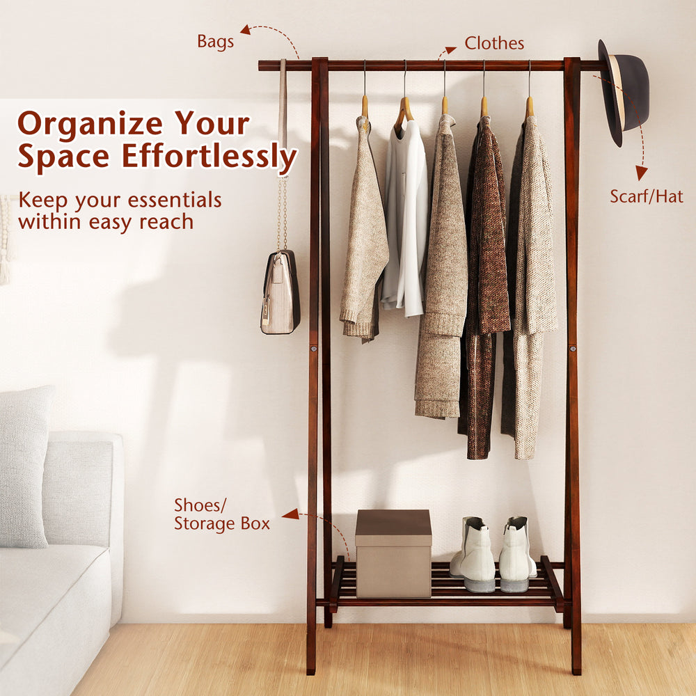 Folding rubber wood clothes hanging rack in walnut finish with bottom storage shelf for organized essentials.