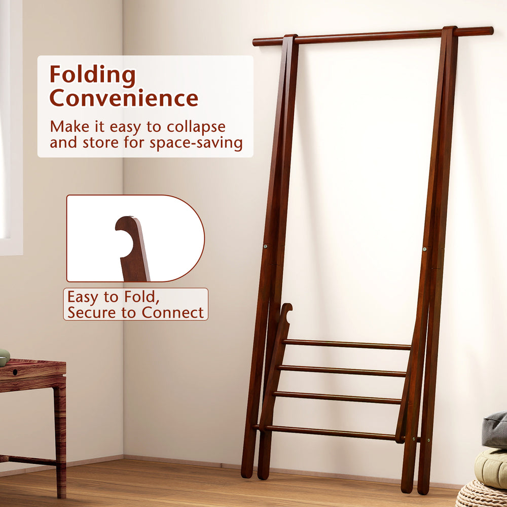Folding rubber wood clothes hanging rack in walnut, showcasing elegant A-frame design for reliable garment support.