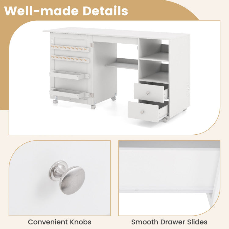 Costway Folding Sewing Table with Charging Station and Storage Shelves New