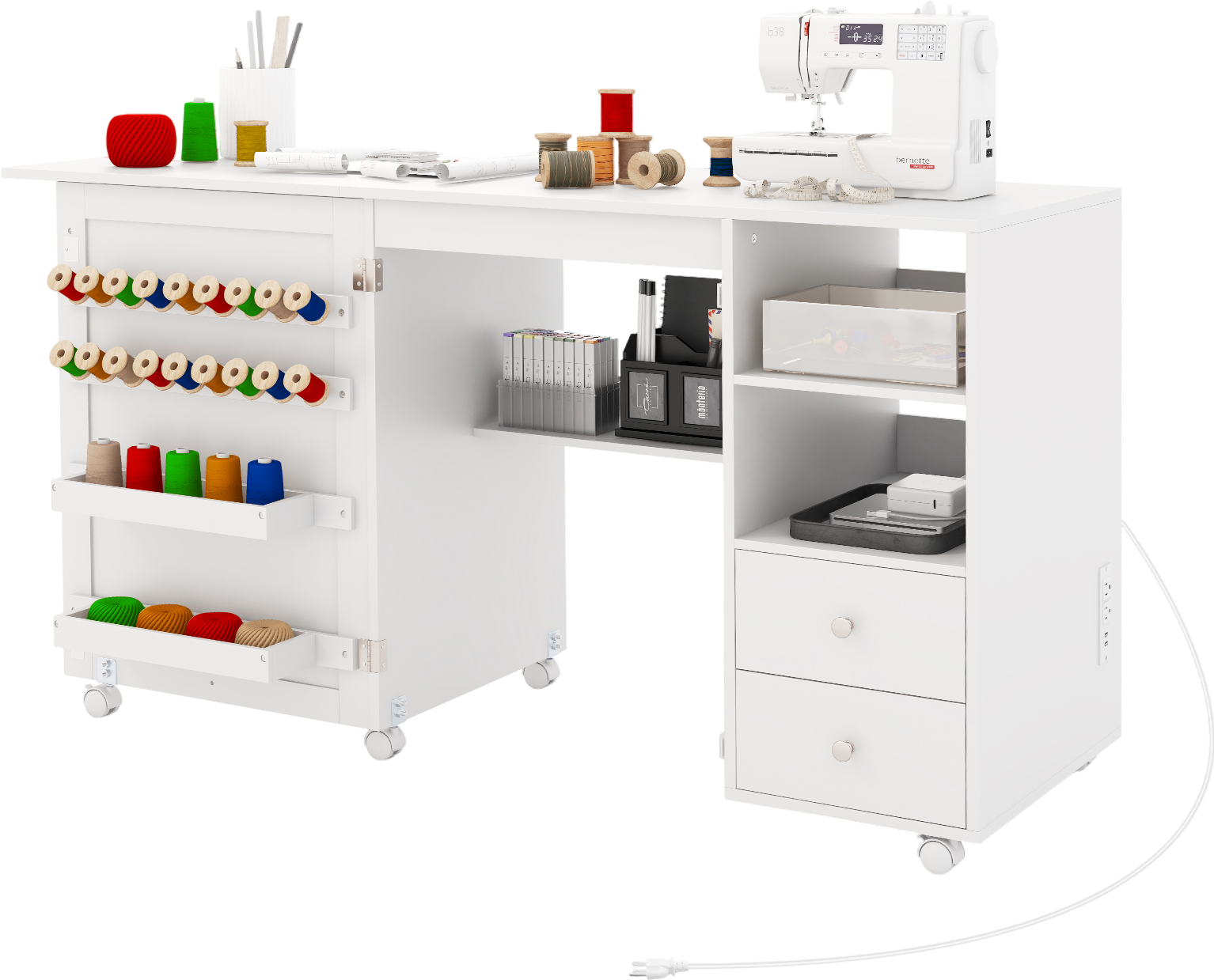 Costway Folding Sewing Table with Charging Station and Storage Shelves New