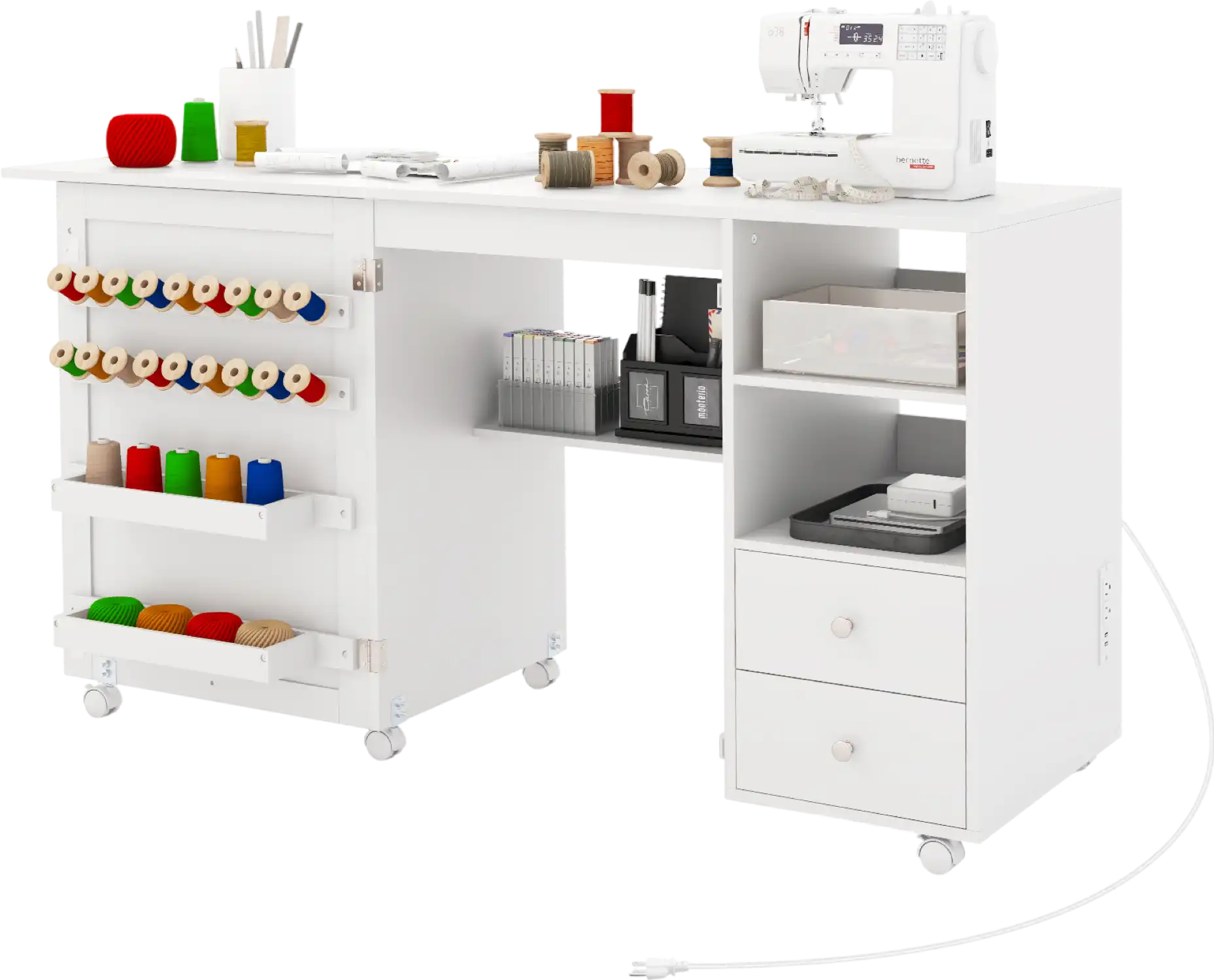 Costway Folding Sewing Table with Charging Station and Storage Shelves New