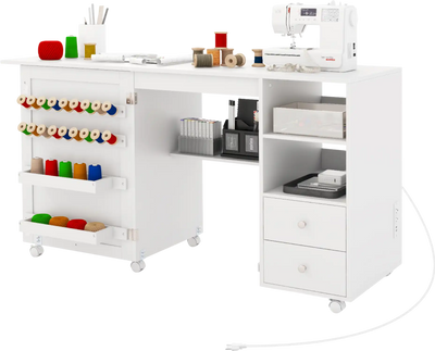 Costway Folding Sewing Table with Charging Station and Storage Shelves New