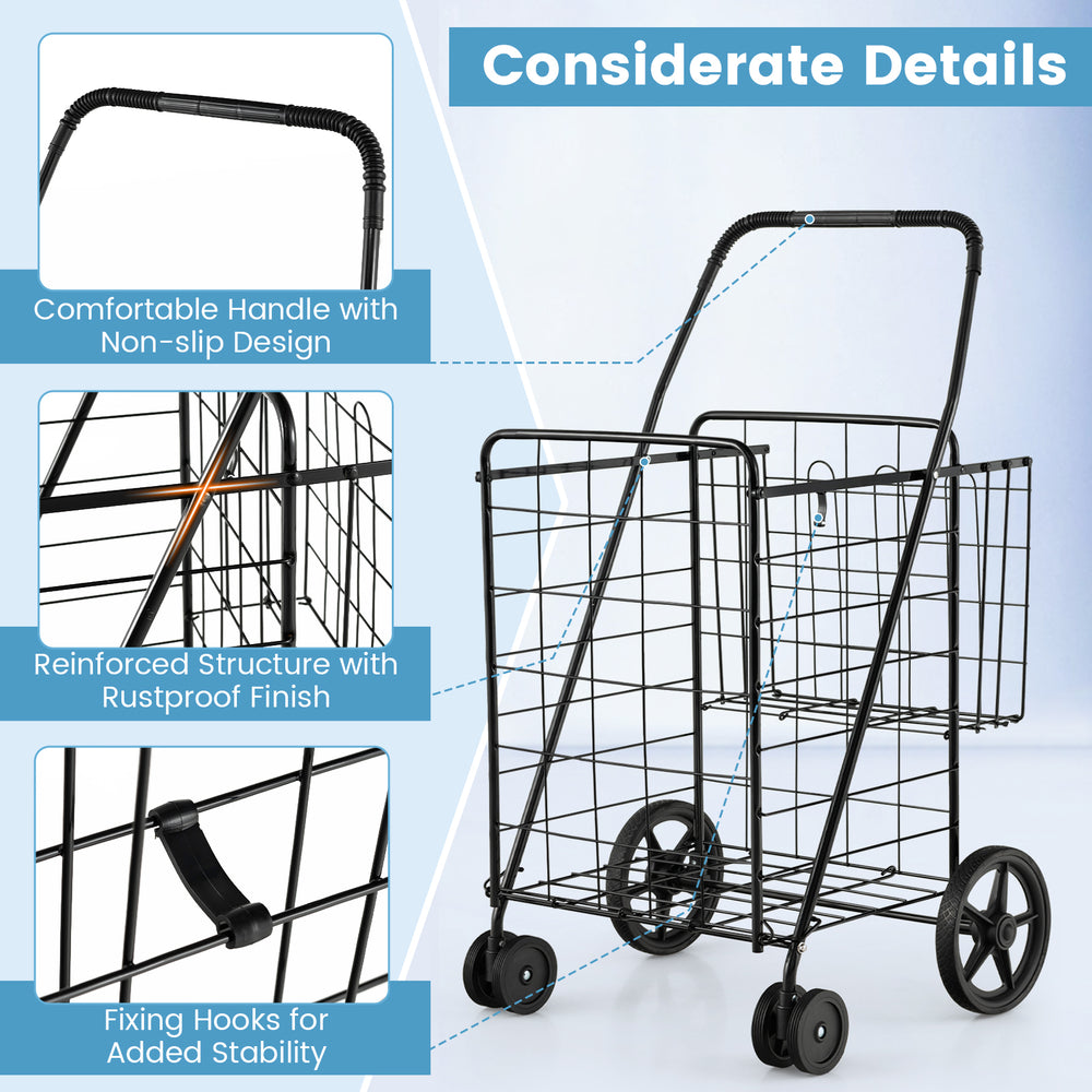 Folding shopping cart in black with dual storage baskets, ergonomic handle, and swiveling wheels for easy transport.